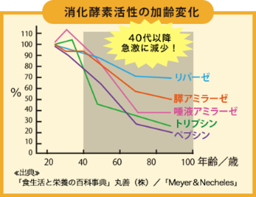 消化酵素活性の加齢変化のグラフ